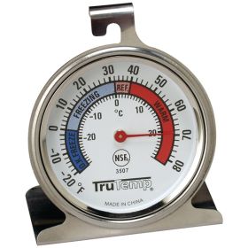2.5" dial;Accurate from 20deg F-80deg F;Deluxe 2-way bracket hangs or stands;Durable stainless steel;Safe temperature zone indicators;NSF listed;