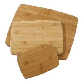 Set of 3 bamboo cutting boards;Reversible surface;Usable as charcuterie board;5.5 in. x 8 in. board, 8 in. x 10 in. board, and 12 in. x 18 in. board.;
